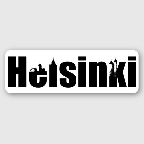 Black Helsinki text with some of the letters containing Helsinki buildings.