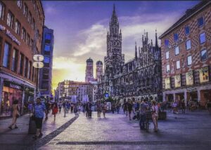 People at Marienplatz, Munich in purple colours.